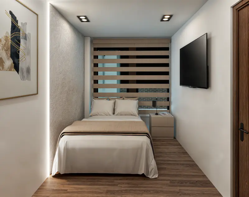 Render: habitación principal con muro texturizado. Casa en sibaté en Sibaté, Decord Design