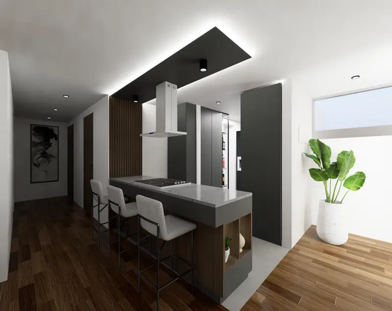 Render: cocina abierta con isla y comedor. Apartamento en chapinero en Bogotá, Decord Design