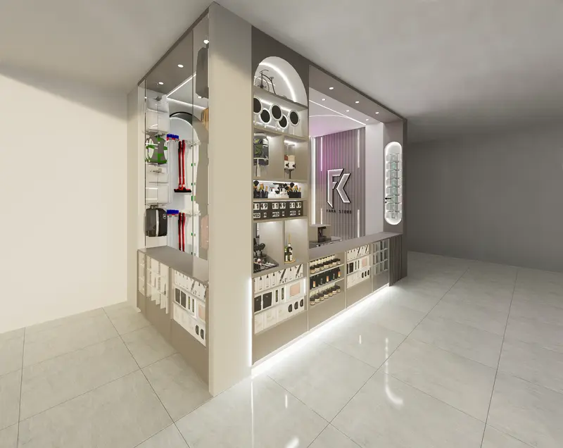 Render: local de belleza con vitrinas y exhibidores iluminados. Local de belleza en Bogotá, Decord Design