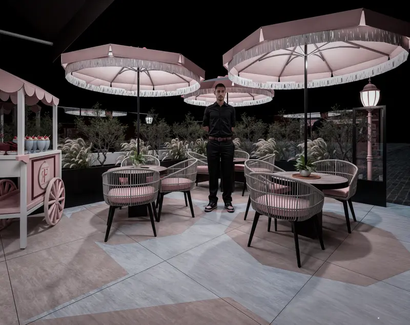 Render: fachada y terraza con sombrillas. Tienda de postres en Bogotá, Decord Design