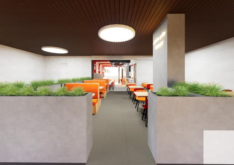 Render: salón de restaurante con sillas naranja. Restaurante en Bogotá, Decord Design