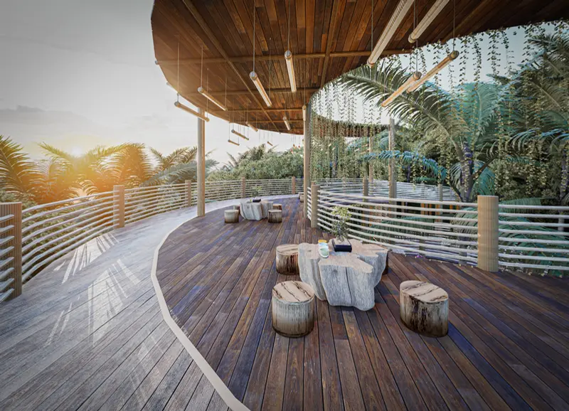 Render: decks de madera y zona social. Proyecto turístico en La Vega, Decord Design