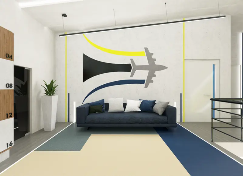 Render: hall con gráfica de aviación. Sede educativa de aviación en Bogotá, Decord Design